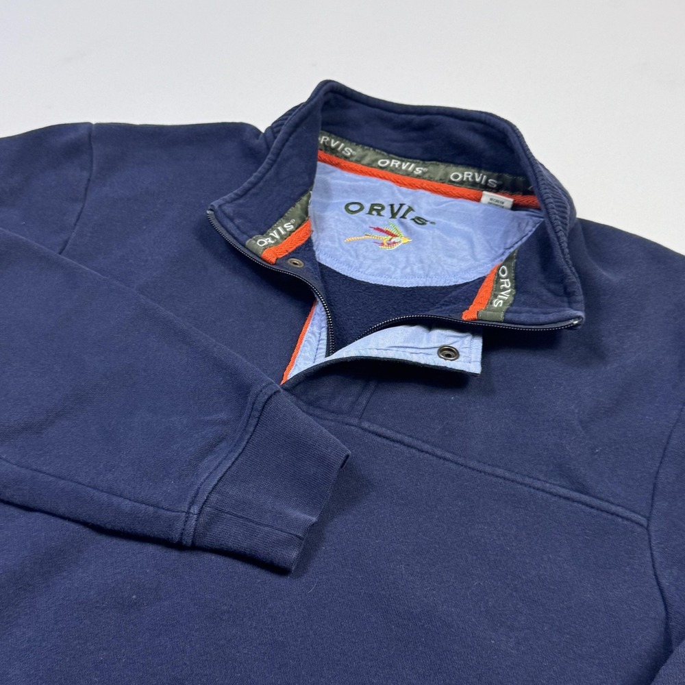 Orvis Sweatshirt Mens Medium Blue 1/4 Zip Fleece Pullover Mock Neck Logo Casual